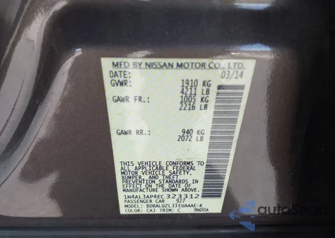 2014 Nissan Altima 2.5 Sv z USA, uszkodzony, nr VIN 1N4AL3AP4EC323312